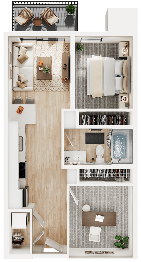 Floor plan for 2 beds, 1 bath, 636 sqft